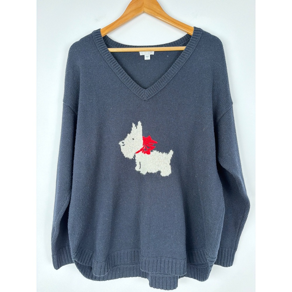 J. Jill Scottie Dog Sweater Women Large Navy Blue V-Neck Intarsia Holiday Preppy